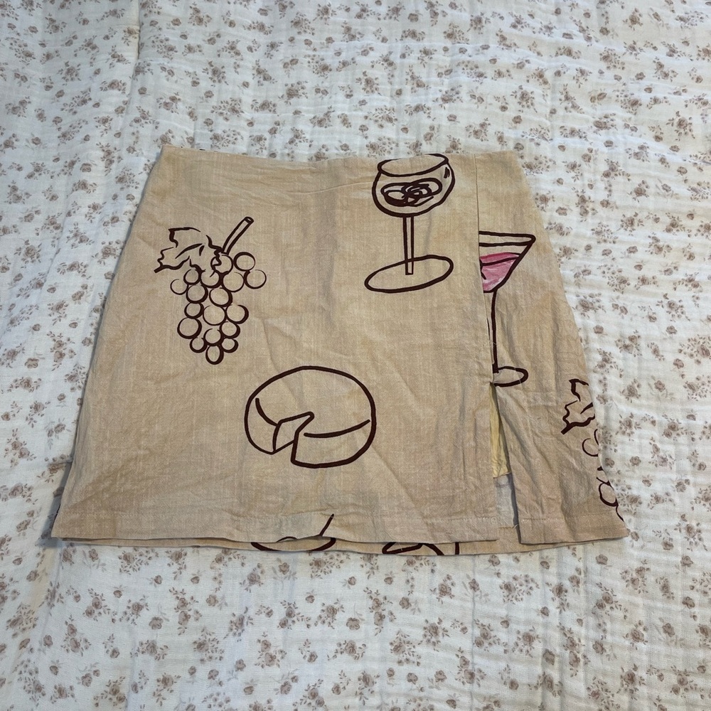 Tan Mini Skirt with Wine and Cheese Print